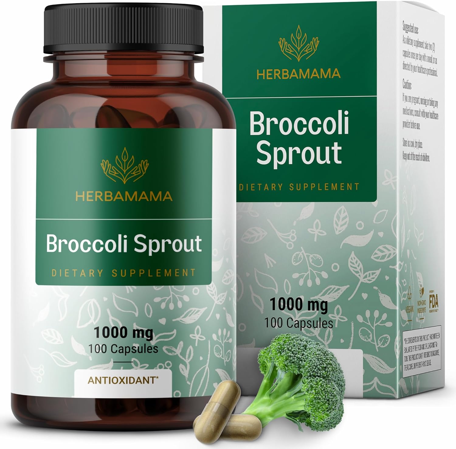 Herbamama Broccoli Sprout Capsules - 1000 Mg Sulforaphane Source Broccoli Capsules - Broccoli Sprout Antioxidant Support Supplement - Vegan, Non-Gmo - 100 Caps