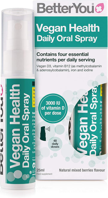 Betteryou Vegan Health Daily Oral Spray, Pill-Free Vitamin Supplement For Vegans, Contains Vitamin D, Vitamin B12, Iron And Iodine, 48-Day Supply, Made In The Uk, Natural Mixed Berries Flavour