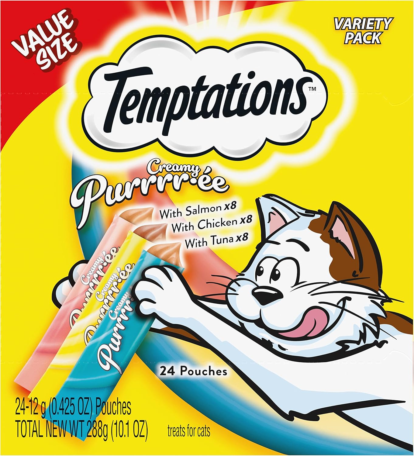 Temptations Creamy Puree With Chicken, Salmon, And Tuna Squeezable Lickable Wet Cat Treat Variety Pack, 0.42 Oz. Tubes, 3 Packs Of 24 (72 Total)