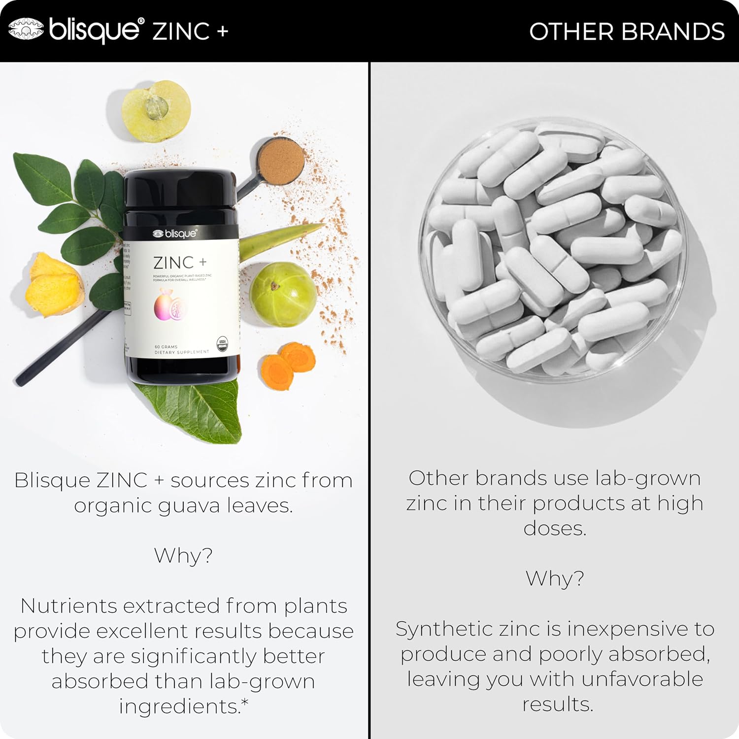 Blisque – Organic Zinc Supplement Sourced From Guava Leaf | For Immune Support, Defense And Boost | With Ashwagandha, Aloe Vera, Ginger, And Turmeric | Vegan | Powder | 60 Grams