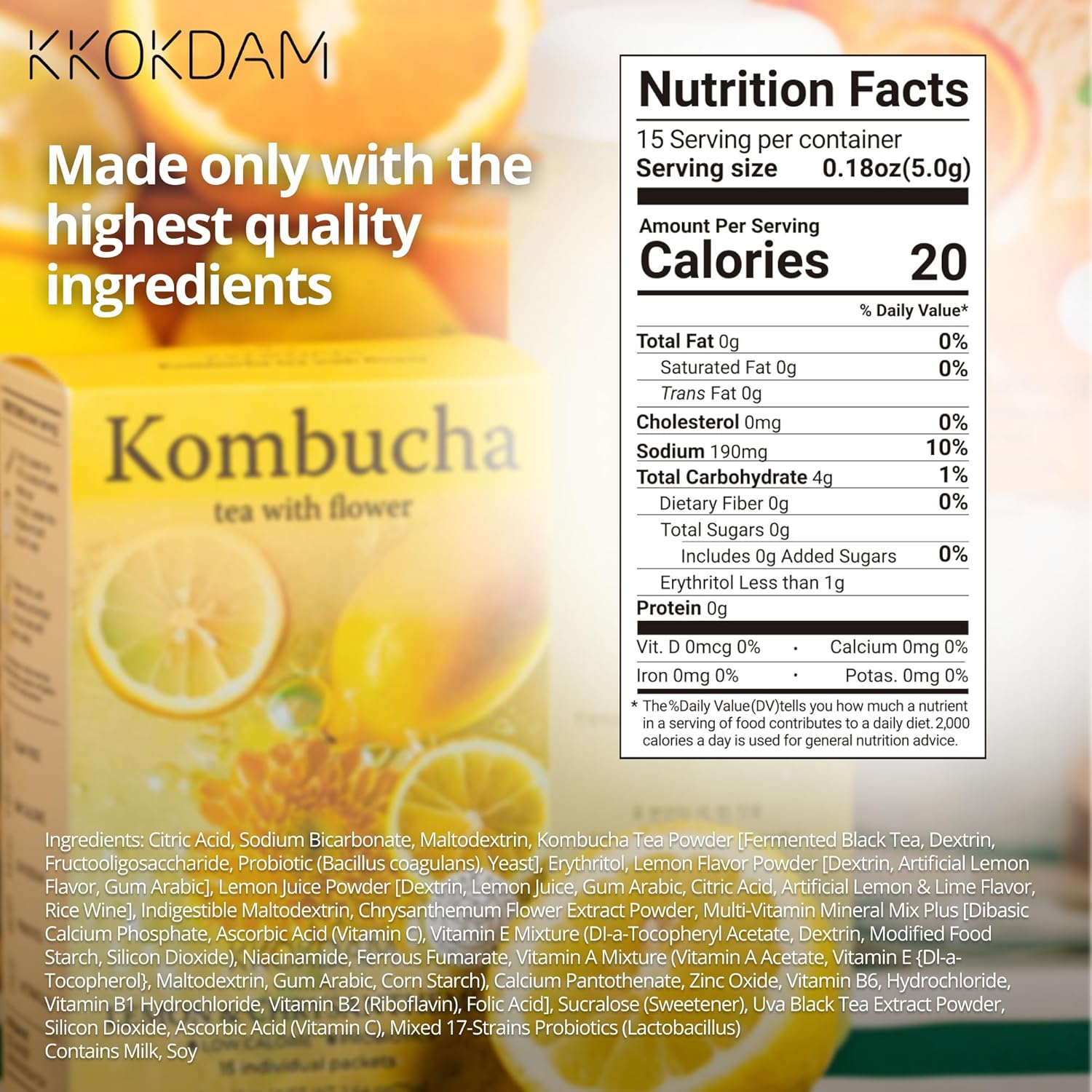 Kombucha Tea 15 Packs - Lemon & Chrysanthemum Korean Tea - Kombucha Drinks Probiotic Support, Low Calorie, Sugar Free Kombucha Pack - 15 Kombucha Drink