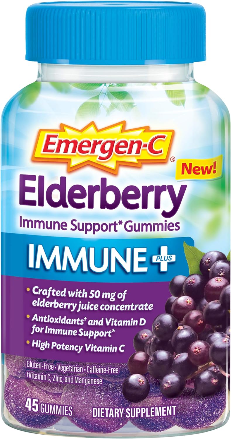 Emergen-C Immune+ Elderberry Gummies, 750 mg Vitamin C with Vitamin D, Zinc and Electrolytes, Immune Support Dietary Supplement, Caffeine Free, Gluten Free, Elderberry Flavor - 45 Count