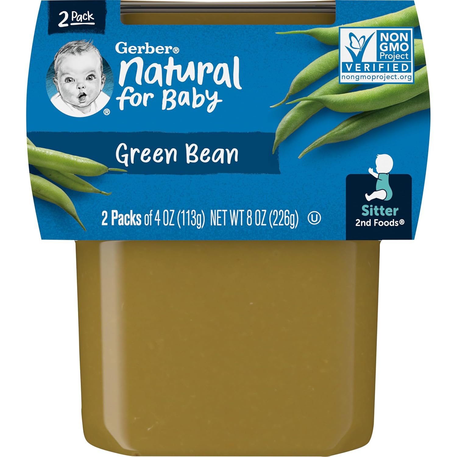 Gerber 2Nd Food Baby Food Green Bean Puree, Natural & Non-Gmo, 8 Ounce, 2 Count (Pack Of 8)