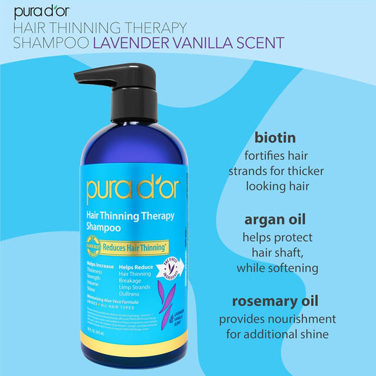 Pura D'Or 16 Oz Hair Thinning Therapy Biotin Shampoo Lavender Vanilla Scent - Clinically Tested Proven Results, Herbal Dht Blocker Hair Thickening Products For Women & Men, Color Safe Routine Shampoo