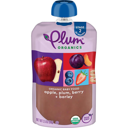 Plum Organics Stage 2 Organic Baby Food - Apple, Plum, Berry, and Barley - 3.5 oz Pouch (Pack of 12) - Organic Fruit and Vegetable Baby Food Pouch