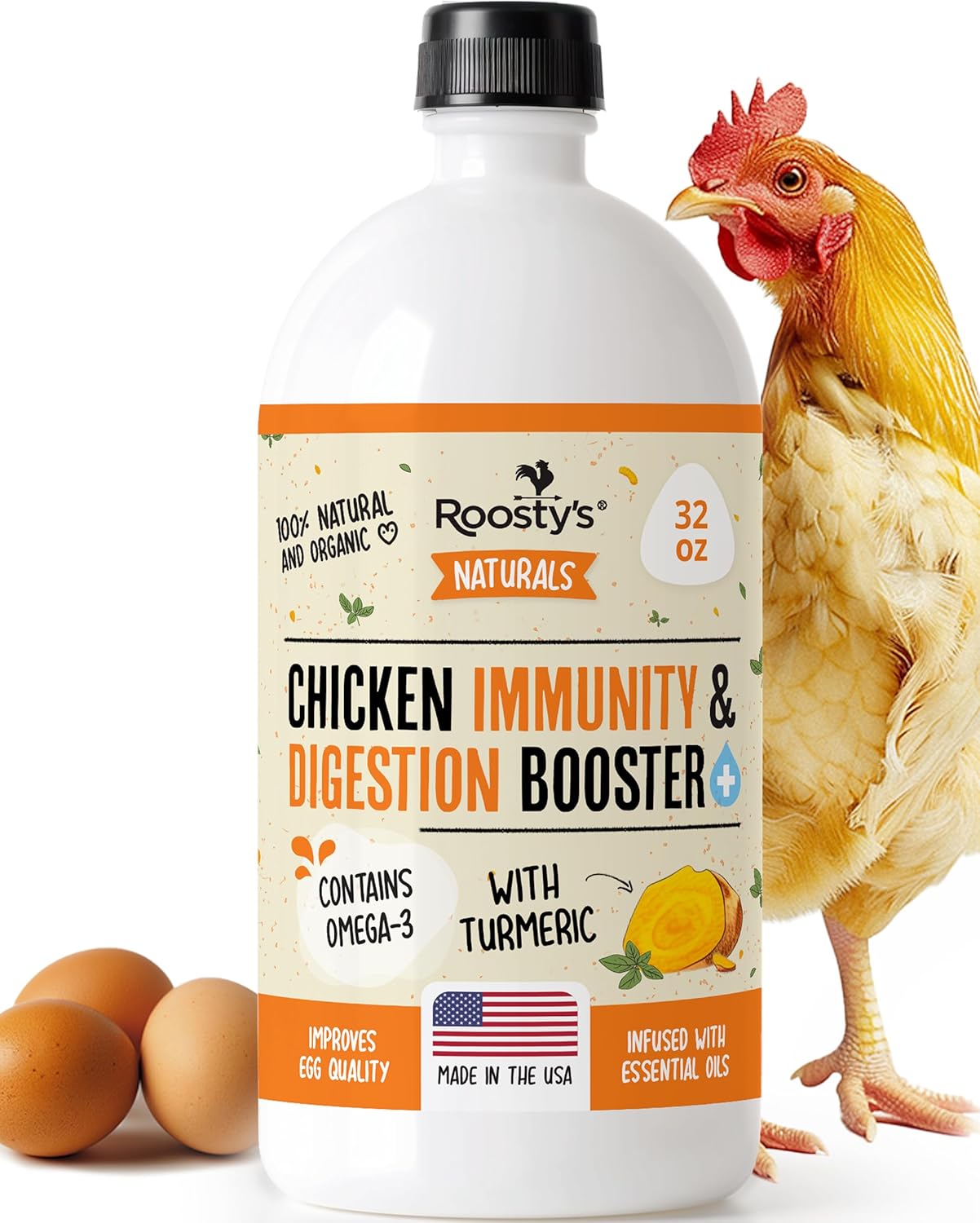 Roosty'S Naturals Chicken Immunity & Digestion Booster | 32Oz Chicken Supplements | Omega-3 Chicken Vitamins And Supplements | Poultry Vitamins For Chickens | Bird Health Supplies