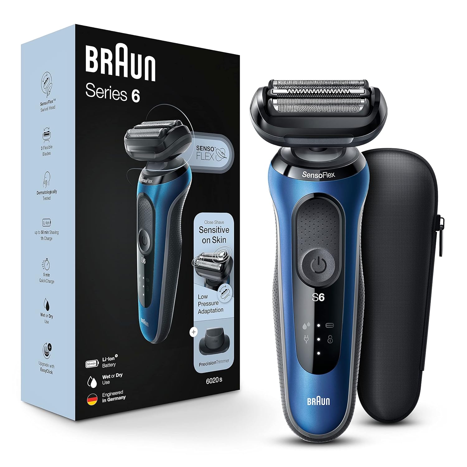 Braun Electric Razor For Men, Series 6 6020S Sensoflex Electric Foil Shaver With Precision Beard Trimmer, Rechargeable, Wet & Dry Foil Shaver With Travel Case