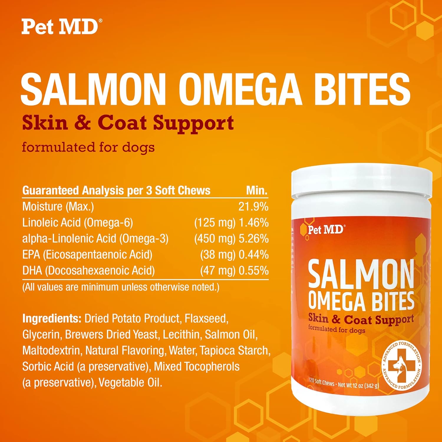 Pet MD Salmon Oil Omega 3 for Dogs - Advanced Allergy & Itch Relief for Dogs - Omega 3 & 6, EPA & DHA, Fish Oil Omega 3 Soft Chews - 120 Count : Pet Supplies