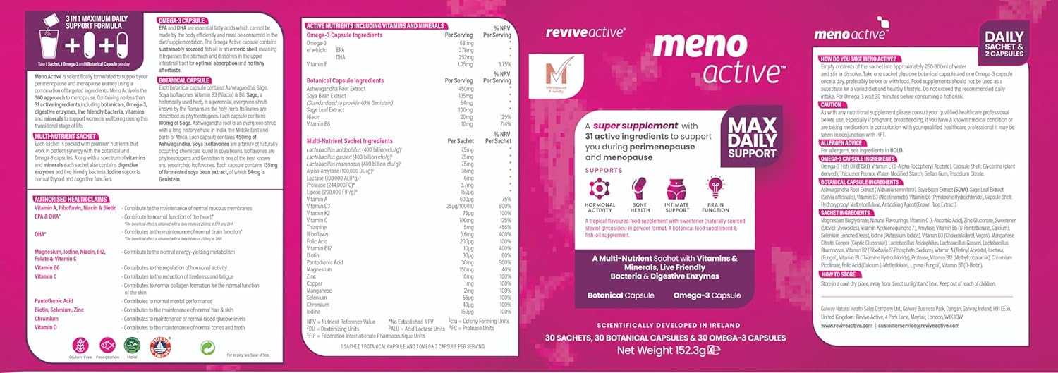 Meno Active Supplement - Support for Menopause and Post-Menopause - Multi-Nutrient Sachet with Vitamins & Minerals, Omega-3 & Botanical Capsule Support for Women - 30 Day Supply : Amazon.co.uk: Health & Personal Care