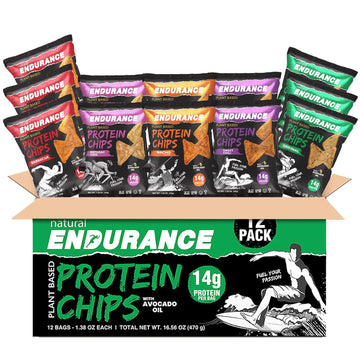 Natural Endurance Protein Chips - Low Carb Chips, High Protein Snack, Vegan Protein With Avocado Oil, 14G Protein Per Bag, Gluten Free, Nacho, Bbq, Chili, Birthday Cake, Original - Variety Pack, 1.38 Oz Bags (Pack Of 12)