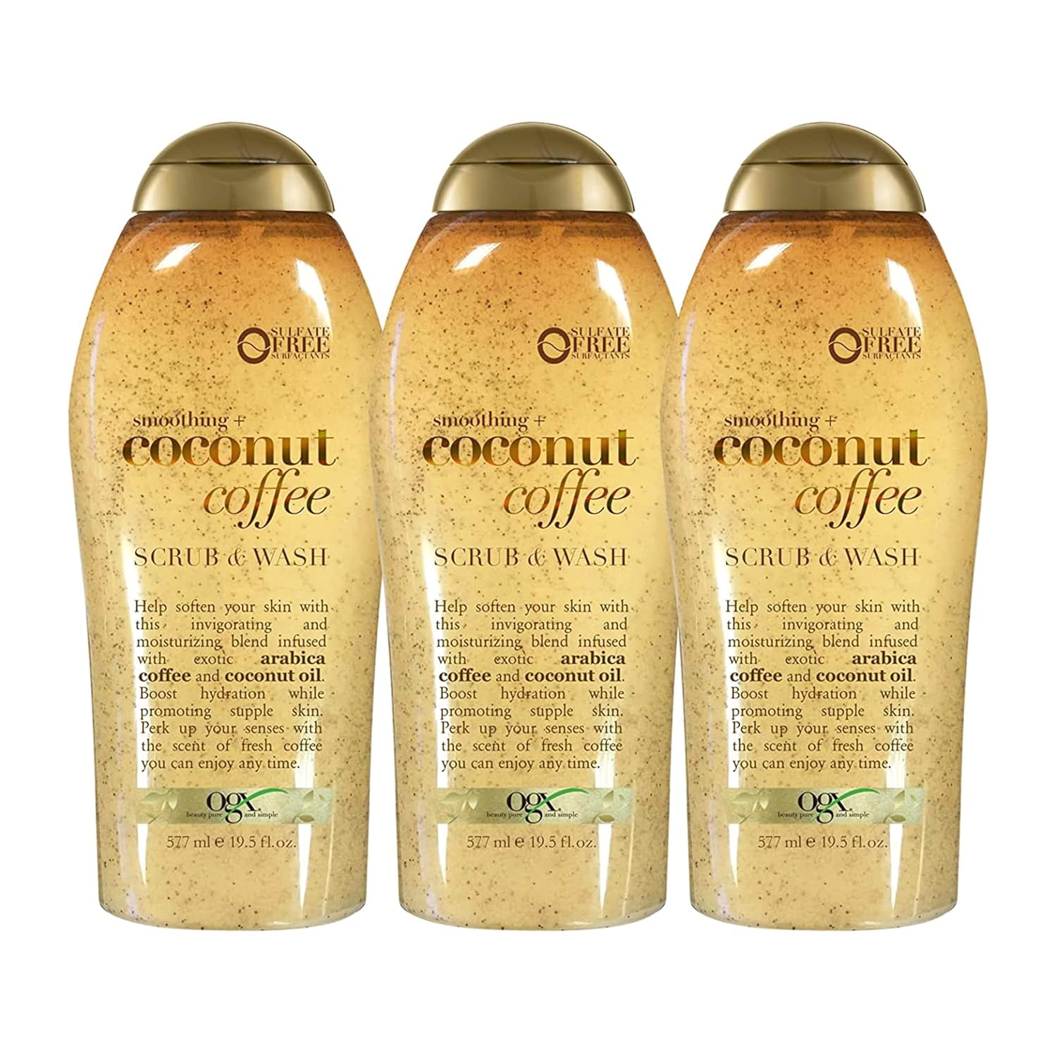 Ogx Smoothing + Coconut Coffee Exfoliating Body Scrub With Arabica Coffee & Coconut Oil, Moisturizing Body Wash For Dry Skin, Paraben-Free With Sulfate-Free Surfactants, 19.5 Fl Oz (Pack Of 3)