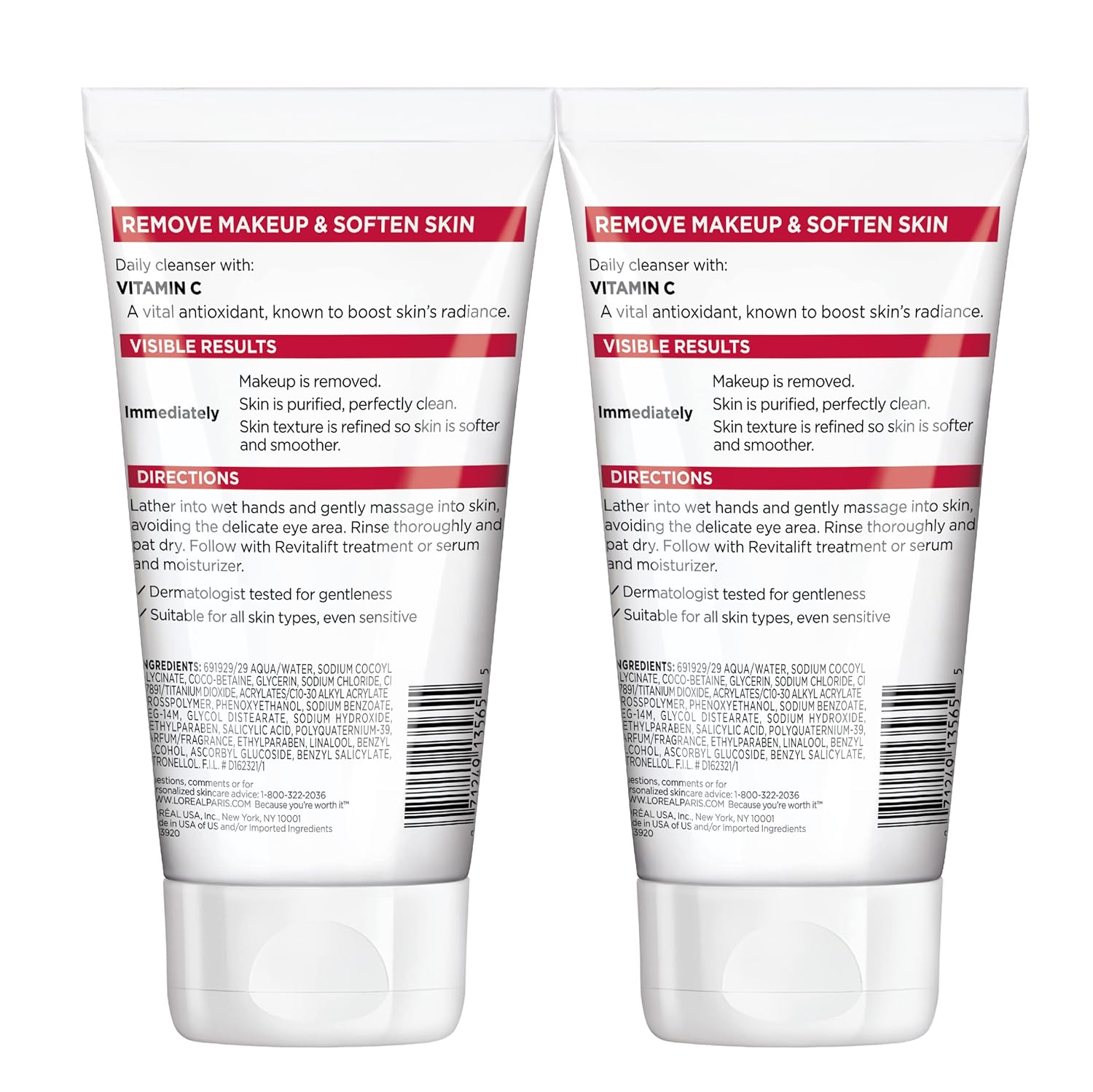 L'Oreal Paris Revitalift Daily Cream Cleanser, Gentle Makeup Remover Face Wash with Vitamin C 5 fl. oz (Pack of 2) : Beauty & Personal Care