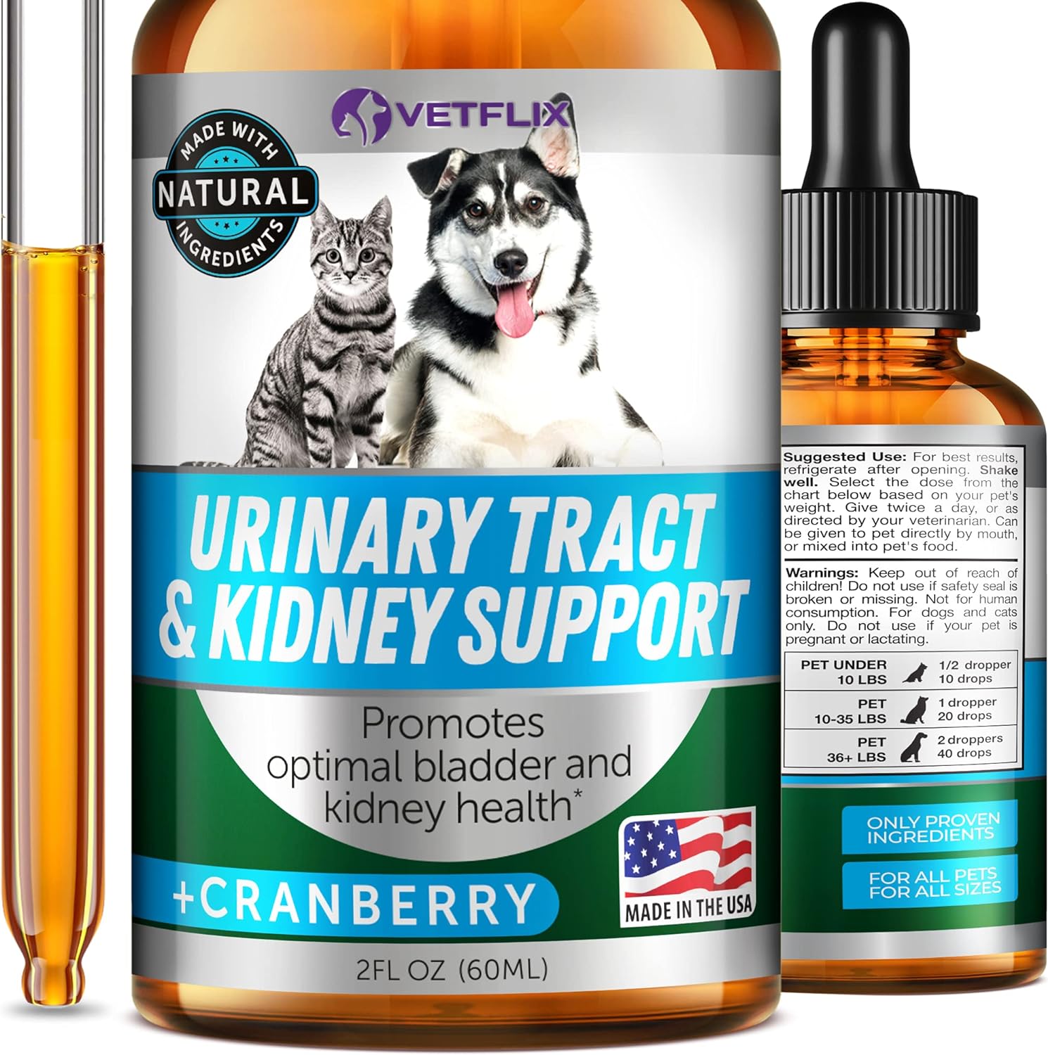 Cranberry Dog & Cat UTI Treatment - Best UTI for Pets - Made in USA - Dog & Cat Kidney Support - Cat Bladder Drops - Pet Immune Health Supplement - Marshmallow, Dandelion Root, Pumpkin Seed