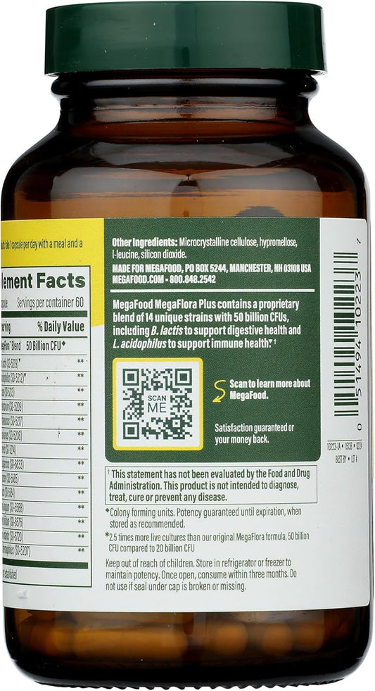 Megafood Megaflora Probiotic Plus - Probiotics For Women And Men - 50 Billion Cfus & 14 Strains - Probiotics For Digestive Health & Immune Support - Vegan - Made Without 9 Food Allergens - 60 Caps