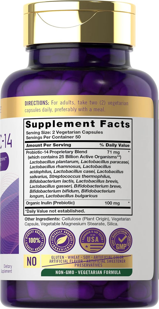 Carlyle Probiotics 25 Billion Cfu | With Prebiotics | 100 Capsules | Vegetarian, Non-Gmo, & Gluten Free Supplement | For Men & Women