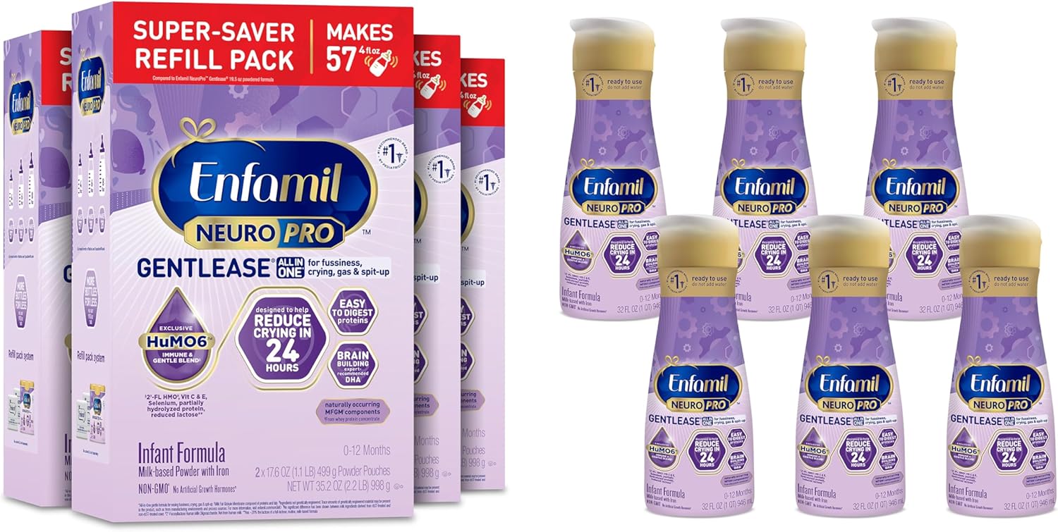 Enfamil Neuropro Gentlease Baby Formula, Brain Building Dha, Reduce Fussiness, Crying, Gas & Spit-Up, Infant Formula Powder, 35.2 Oz (Pack Of 4) + Ready-To-Feed Formula, Liquid, 32 Fl Oz (6 Count)