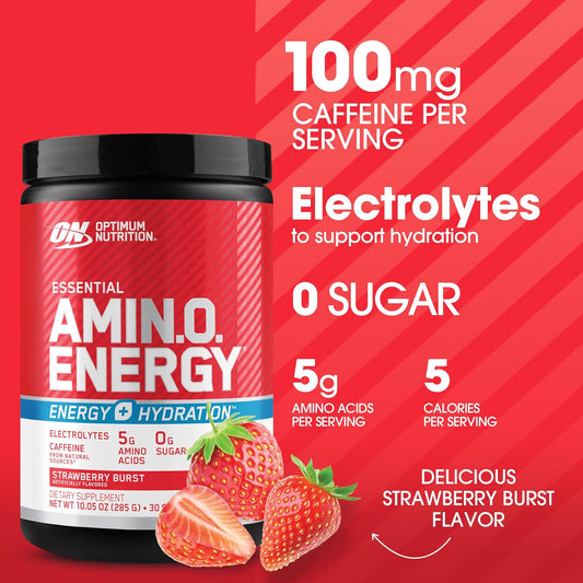 Optimum Nutrition Amino Energy Powder Plus Hydration, With Bcaa, Electrolytes, And Caffeine, Strawberry Burst, 30 Servings (Packaging May Vary)