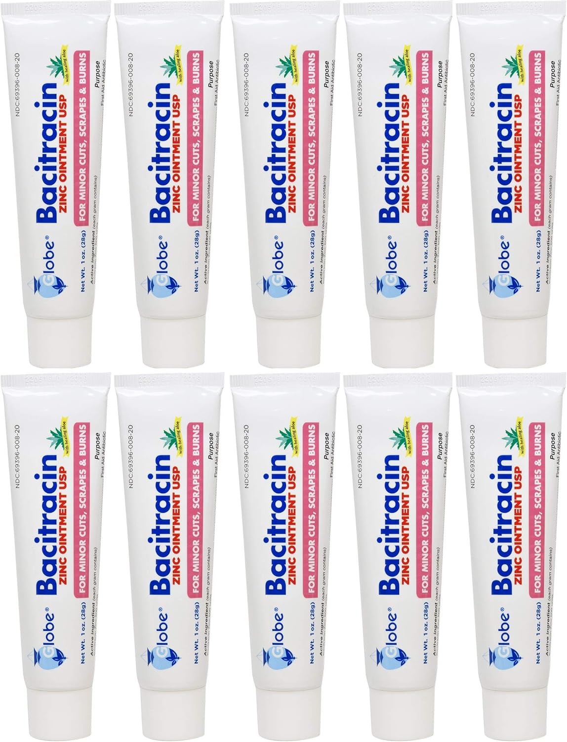 Globe Bacitracin Zinc Ointment 1 Oz | Antibiotic Ointment | Essential Antibiotic First Aid Supplies | Healing Action | Maximum Antibiotic Power | Prevents Infection In Cuts, Scrapes, Burns | 10 Pack |