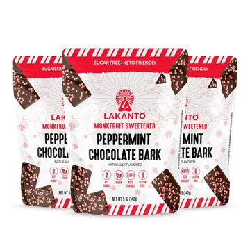 Lakanto Sugar Free Dark Chocolate Bark Peppermint- Sweetened with Monk Fruit Sweetener and Sea Salt, Low Carb, Keto, Gluten Free, Vegan Snack, Holiday Candy Gift (5 oz - Pack of 3)