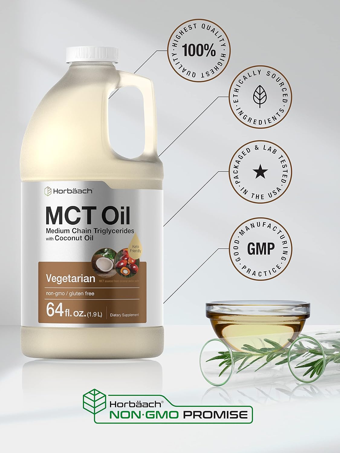 Horbäach MCT Oil 64 oz | 100% Pure | Blends with Coffee, Tea, Juice and Liquids | Value Size Unflavored Formula | Keto, Vegetarian, Non-GMO, and Gluten Free : Health & Household