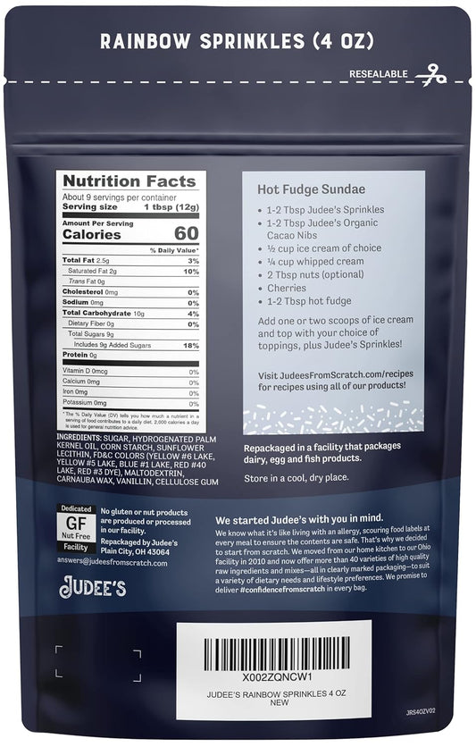 Judee's Rainbow Sprinkles 4 oz - Gluten-Free and Nut-Free - Brighten Up Your Baked Goods - Great for Cookie and Cake Decoration - Use for Baking and as Dessert and Ice Cream Toppings
