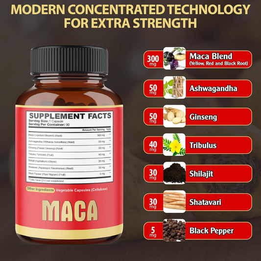 Maca Root Capsules - Supports Natural Health - Energy - Performance & Mood Supplement - Enhanced Blood Flow 3-Month Supply