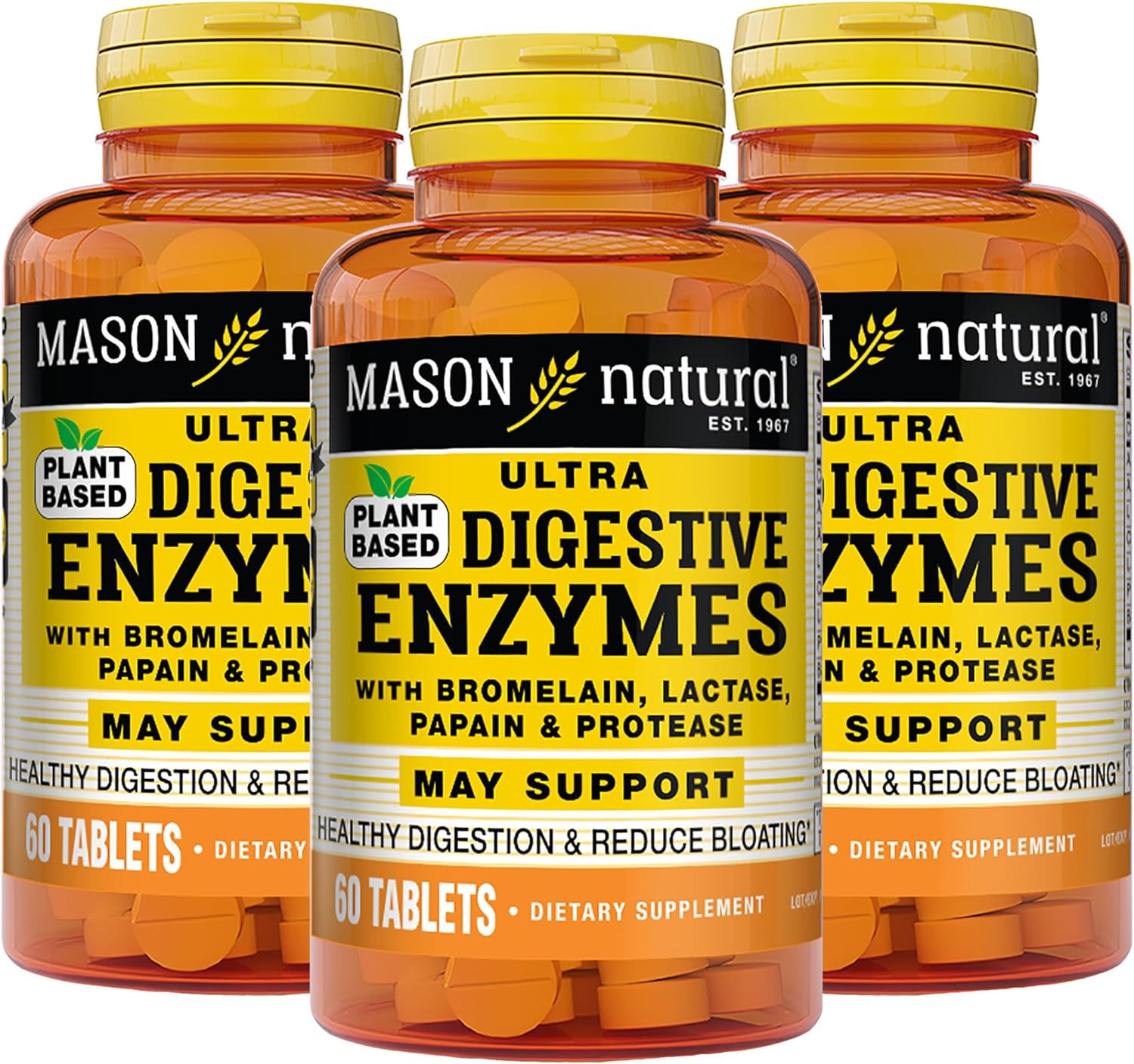 MASON NATURAL Plant Based Ultra Digestive Enzymes with Bromelain, Lactase, Papain & Protease - Supports Healthy Digestion & May Reduce Bloating, 60 Capsules (Pack of 3)