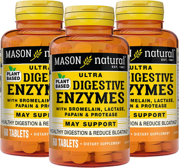 MASON NATURAL Plant Based Ultra Digestive Enzymes with Bromelain, Lactase, Papain & Protease - Supports Healthy Digestion & May Reduce Bloating, 60 Capsules (Pack of 3)