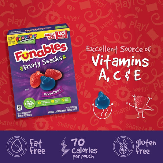 Funables Fruity Snacks, Mixed Berry, Flavored Snacks, Back To School Snack For Lunch, 32 Oz 40 Ct