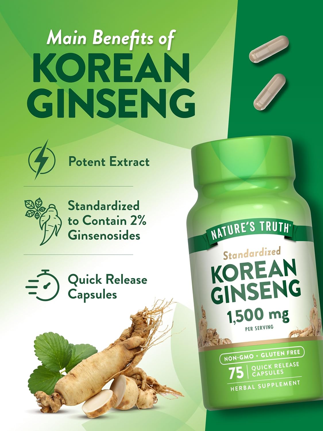 Nature's Truth Korean Ginseng Capsules | 75 Count | Standardized Extract from Ginseng Root | Non-GMO, Gluten Free Supplement : Health & Household