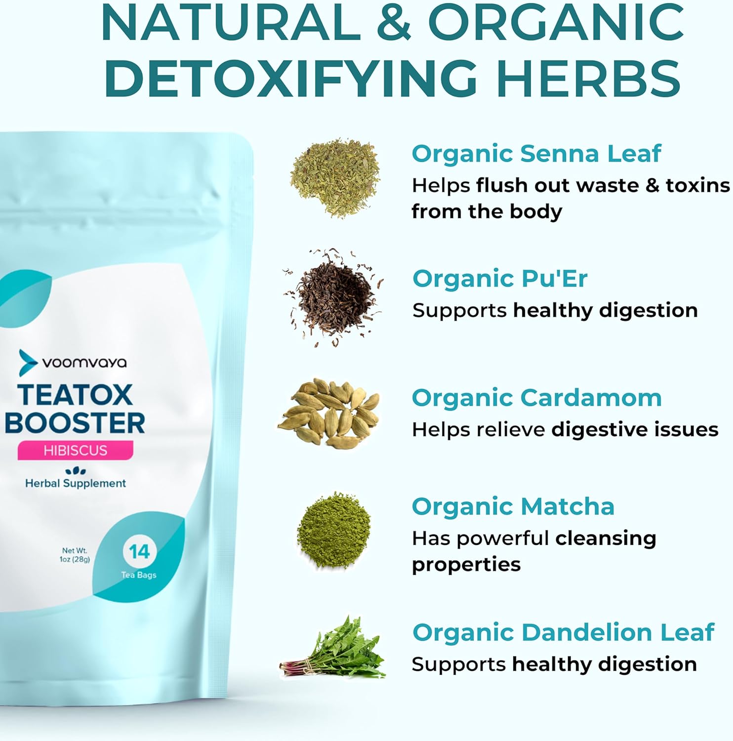 VoomVaya TeaTox Booster Senna Tea - 14-Day Detox Tea for Bloating Relief, Detox Cleanse, Mood Boost - Hibiscus Flavor : Health & Household