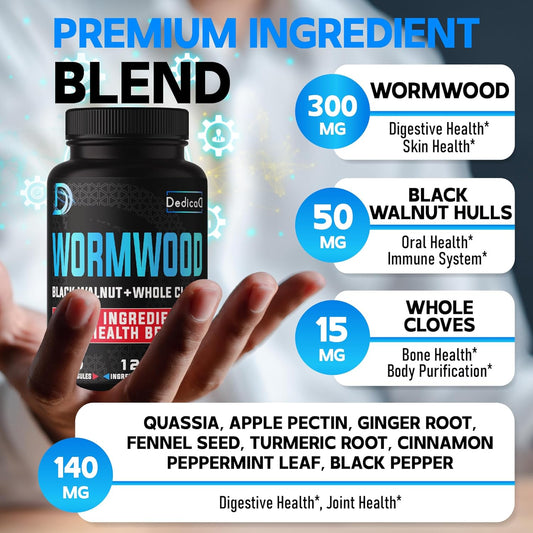 Premium Wormwood Extract Capsules 8050Mg 5 Month Supply For Digestive, Immune & Optimal Health Support - 12 Herbs Blended With Black Walnut Leaves, Ginger, Turmeric & More - 150 Counts