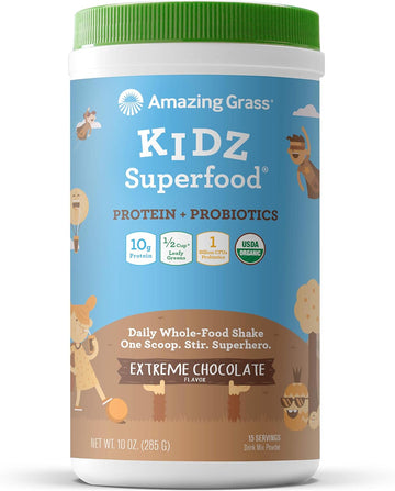 Amazing Grass Kidz Superfood: Vegan Protein & Probiotics For Kids With Beet Root Powder & 1/2 Cup Of Leafy Greens, Extreme Chocolate, 15 Servings
