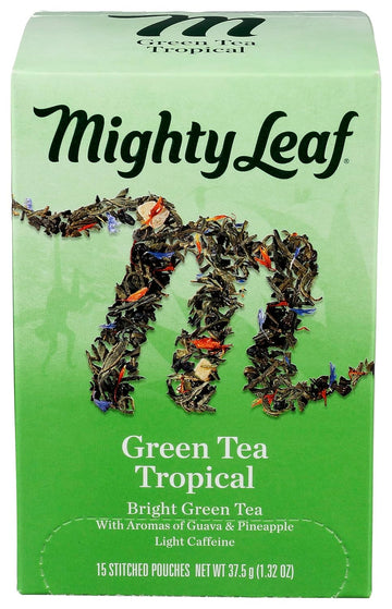Mighty Leaf Tea, Green Whole Leaf Tea Bags - Green Tea Tropical - Light Caffeine - Blended With Pineapple, Guava & Tropical Fruit Flavors - 15 Count