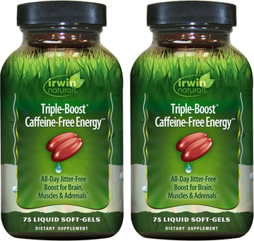 Irwin Naturals Triple-Boost Caffeine-Free Energy - Lasting, Jitter-Free Focus - Brain Boosting Nootropic - 75 Liquid Softgels (Pack Of 2)