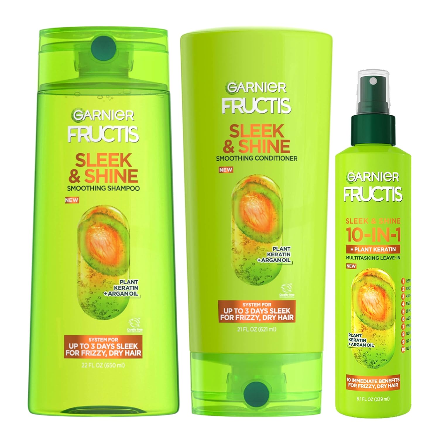 Garnier Fructis Sleek & Shine Shampoo (22 Fl Oz), Conditioner (21 Fl Oz) + 10-in-1 (8.1 Fl Oz) Set for Frizzy, Dry Hair, Plant Keratin(3 Items), 1 Kit (Packaging May Vary)