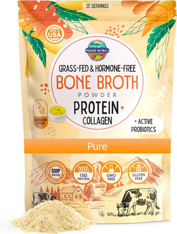 100% Grass-Fed Organic Beef Bone Broth Powder, Active Probiotics, Collagen Peptide Rich 15G Protein, Non-Gmo, Low Sodium, Healthy Skin Hair Joints, Gut Health, Paleo Keto, No Gluten