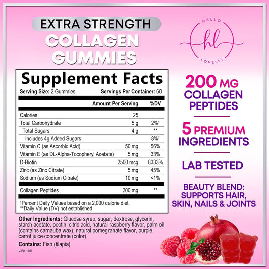 Collagen Gummies For Women - Extra Strength Collagen Peptides Gummy With Vitamin C, Zinc And Biotin, Hydrolyzed Protein Peptides Supplement For Hair, Nail & Healthy Skin Support, Non-Gmo - 60 Gummies