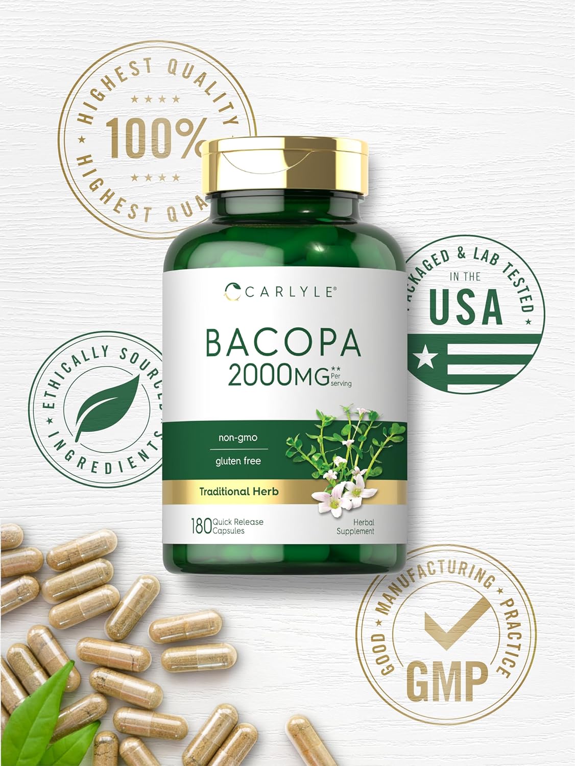 Carlyle Bacopa Monnieri Capsules | 180 Capsules | Gluten Free Supplement : Health & Household