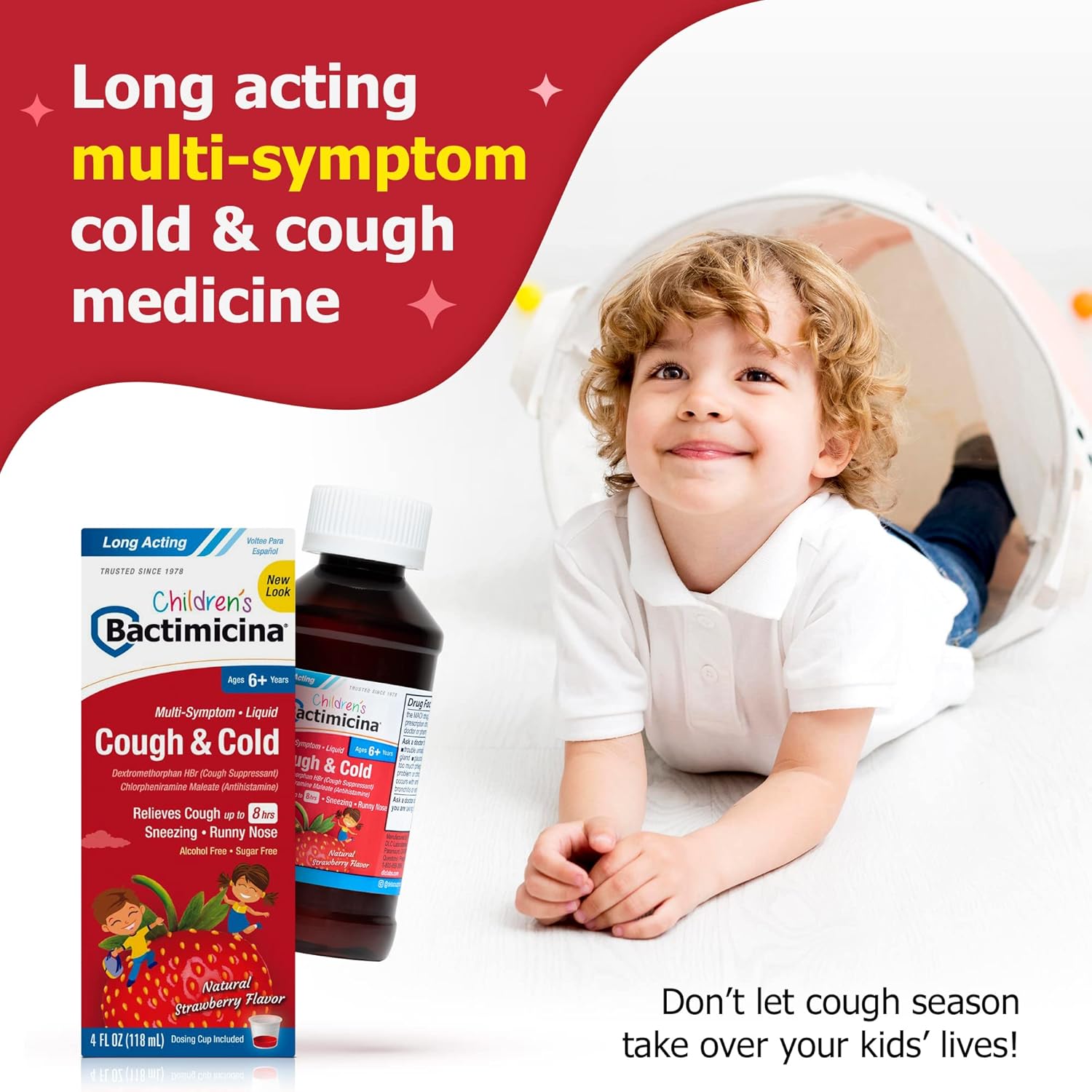 Bactimicina Children’S Cough And Cold Liquid - Kids Cough Medicine - Ages 6 And Up - Natural Strawberry Flavor - 4 Fl Oz : Health & Household