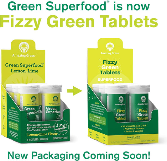 Amazing Grass Fizzy Green Tablets Superfood Lemon Lime: Green Superfood Water Flavoring Tablet With Antioxidants & Alkalizing Greens, 60 Count (Packaging May Vary)