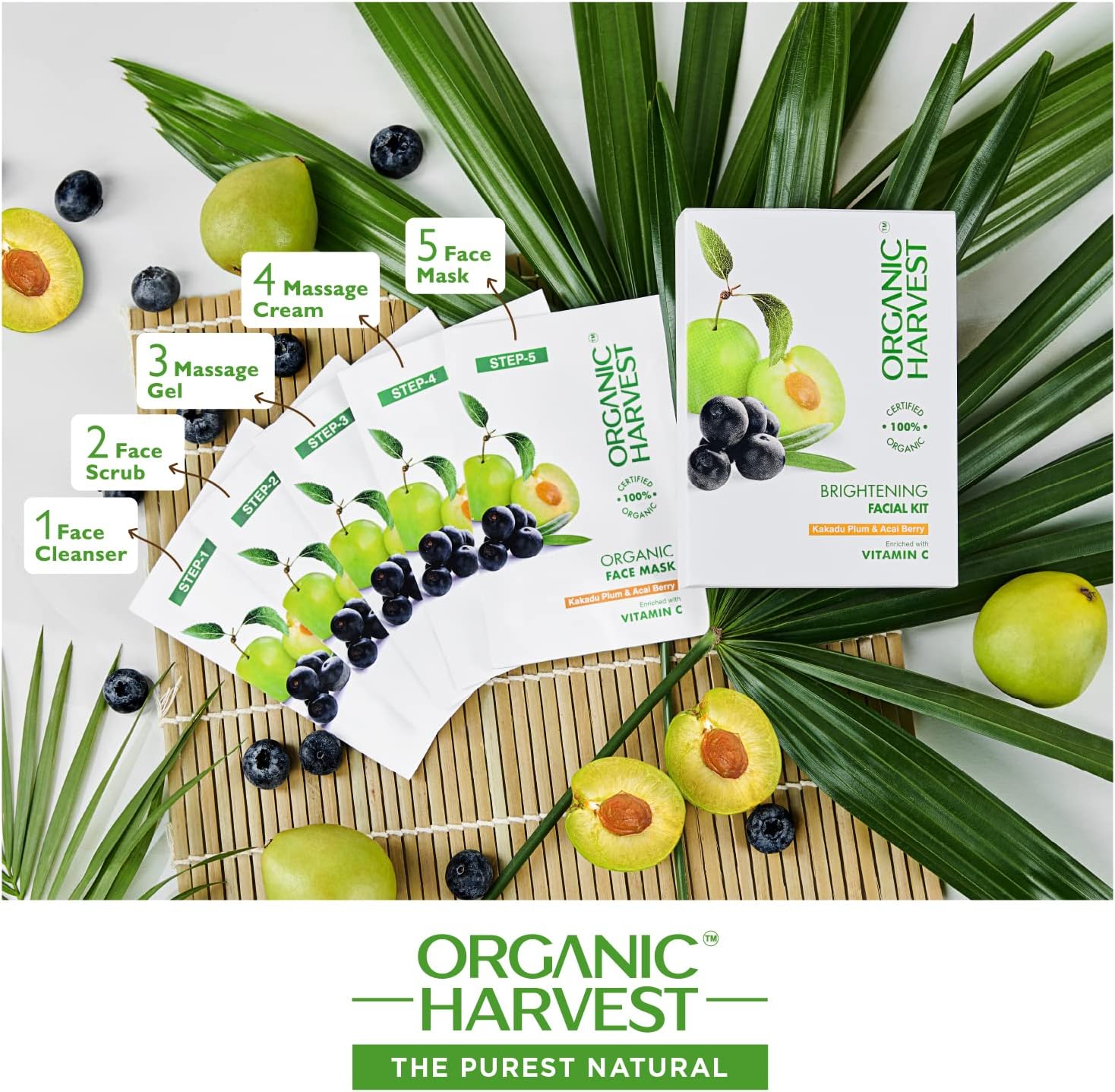 Organic Harvest Brightening Facial Kit: Kakadu Plum & Acai Berry | Pack of 5 Sachets | Facial Kit for Glowing Skin | 100% American Certified Organic, Sulphate & Paraben Free -50gm : Amazon.co.uk: Beauty