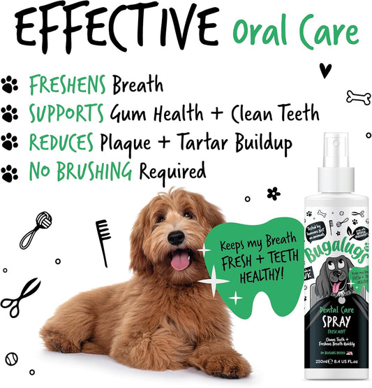 BUGALUGS Dog Breath Freshener Dental Care Dog Spray. Clean Teeth, Healthy Gums & Fresh Breath - Natural Dog plaque remover & tartar remover for teeth. No Brushing Needed (Dog 250ml Spray)?BDENSPRY250