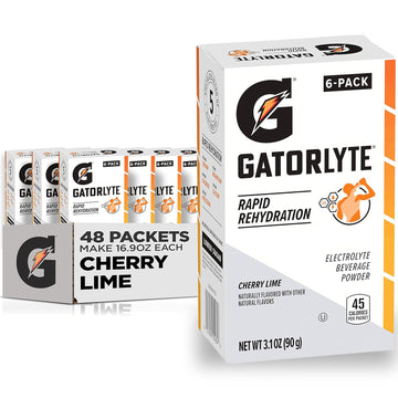 Gatorlyte Rapid Rehydration Electrolyte Beverage, Cherry Lime, Lower Sugar, Specialized Blend of 5 Electrolytes, No Artificial Sweeteners or Flavors, Scientifically Formulated for Rapid Rehydration, 48 pack. 1 pack mixes with 16.9oz (500ml) water.?