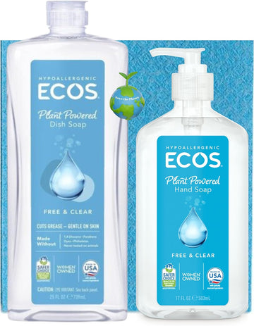 ECOS Non Toxic Dish Soap and Non Toxic Hand Soap with Biodegradeable Washable Cleaning Sponge and FREE Save the Planet Sticker