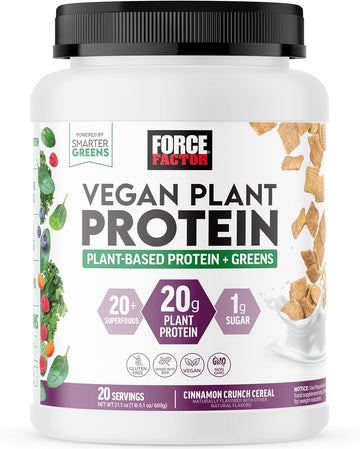 FORCE FACTOR Vegan Plant Protein, Plant-Based Protein + Greens, Greens Powder with 20g Plant Based Protein, Digestive Enzymes, and Fiber, Cinnamon Cereal Flavor, 20 Servings (Packaging May Vary)