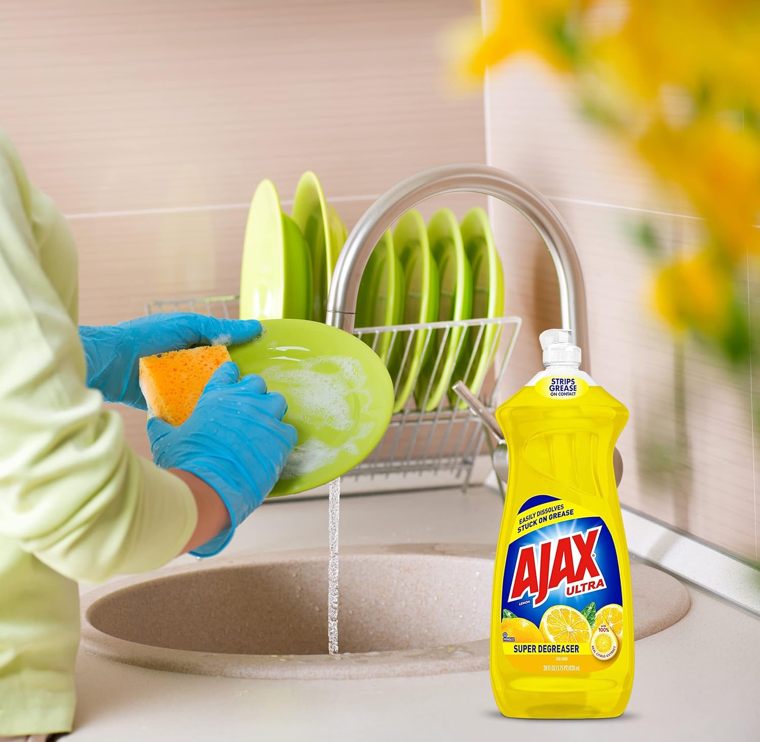 Number 1 In Service Ajax Dishwashing Liquid Dish Soap, 28 Ounce Ajax Dish Soap Lemon Scent Super Degreaser and Cleaner, All Purpose Cleanser, Total 84 Ounces, with Gift Boutique Lint Stick, 3 Pack : Health & Household