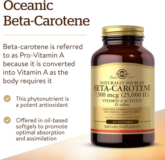 Solgar Oceanic Beta-Carotene 25,000 IU, 180 Softgels - Healthy Vision, Skin & Immune System, Potent Antioxidant - 100% Natural Pro-Vitamin A - Gluten Free, Dairy Free - 180 Servings