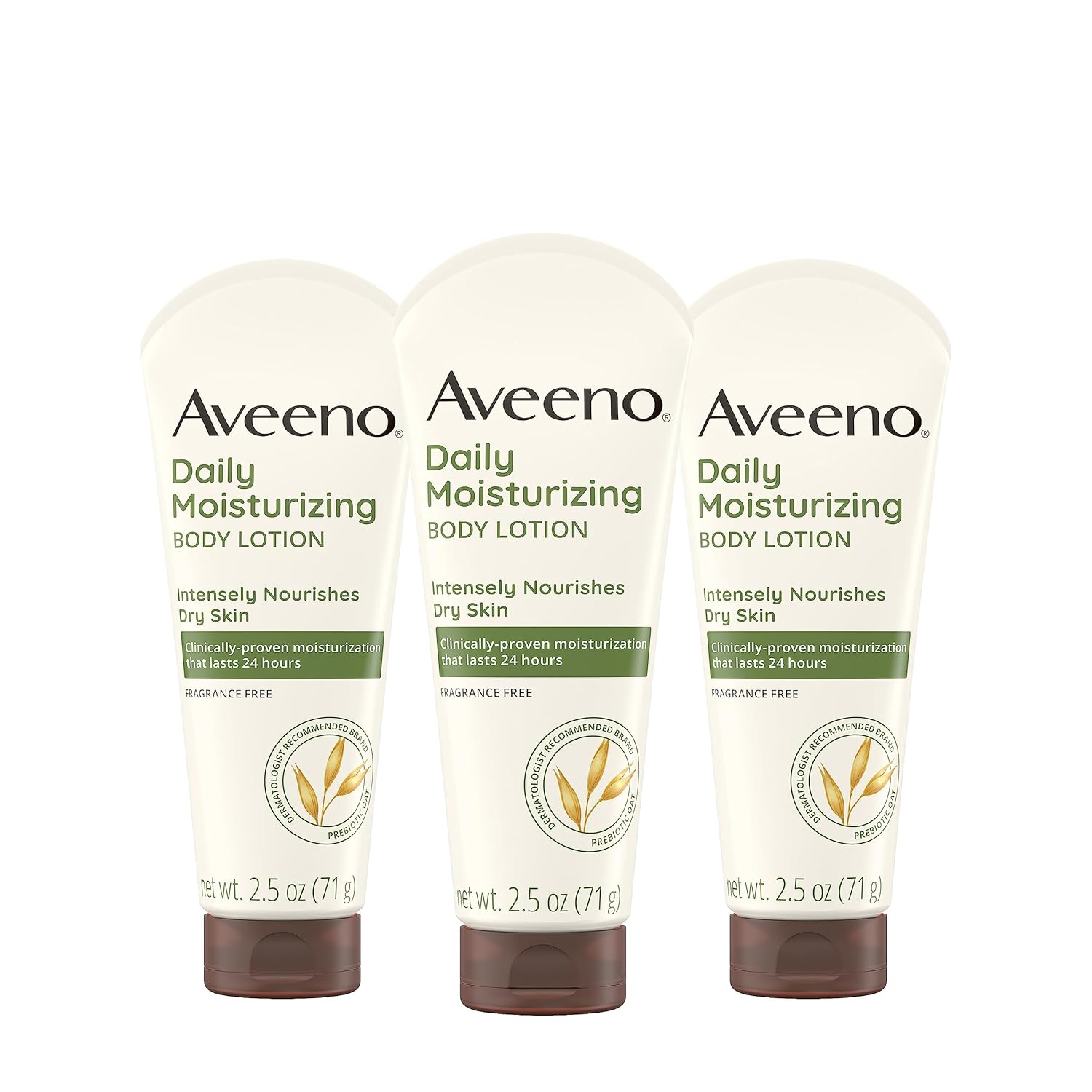 Aveeno Daily Moisturizing Body Lotion, Gentle Lotion Nourishes Dry Skin With Moisture, Soothing Prebiotic Oat, Fragrance-Free, Non-Comedogenic, Travel-Size, Pack Of Three, 3 X 2.5 Fl. Oz