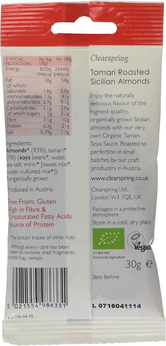Clearspring Organic Tamari Roasted Sicilian Almonds Snack, 30G (Pack Of 15)